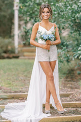 Sparkly Blue Beaded Detachable Train Short Homecoming Dress