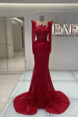 Red Evening Dresses Long Glitter With Sleeves Evening Wear Online