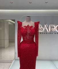 Red Evening Dresses Long Glitter With Sleeves Evening Wear Online