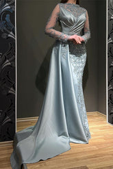 Elegante Abendkleider Lang Dusty Blau Spitze Abiballkleider mit Ärmel