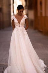 Vintage Hochzeitskleider A Linie  V Ausschnitt Brautkleid mit Spitze