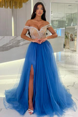 Fashion Blaue Abendkleider Lang Abiballkleider mit Glitzer