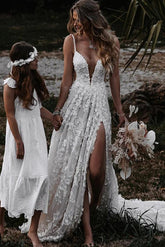 Boho Brautkleider A Linie Spitze Hochzeitskleider Brautmoden