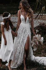 Boho Brautkleider A Linie Spitze Hochzeitskleider Brautmoden