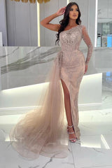 Champagne Evening Dresses Long Lace Prom Dresses with Sleeves