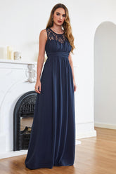 Cheap Evening Dresses Navy Blue Long Chiffon Evening Dresses With Lace