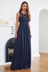 Günstige Abendkleider Navy Blau Lang Chiffon Abendkleider Mit Spitze