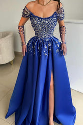 Designer Evening Dresses Long Royal Blue Prom Dresses with Glitter