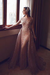 Wunderschöne Abendkleider Lang Glitzer Abiballkleider mit Ärmel