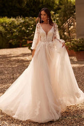 Elegant Wedding Dresses A Line With Sleeves Chiffon Wedding Dresses with Lace