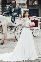 Elegant Wedding Dresses A Line With Sleeves Chiffon Wedding Dresses with Lace