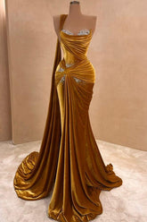 Gold Velvet Abendkleider Lang Meerjungfrau Stil Abiballkleider