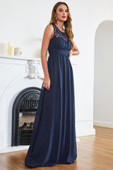 Günstige Abendkleider Navy Blau Lang Chiffon Abendkleider Mit Spitze