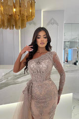 Champagne Evening Dresses Long Lace Prom Dresses with Sleeves