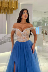 Fashion Blaue Abendkleider Lang Abiballkleider mit Glitzer
