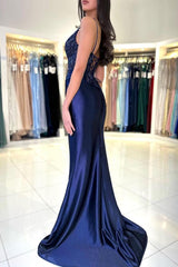 Navy Blaue Abendkleider Lang Schlicht Abiballkleider Mit Spitze BMbridal.de