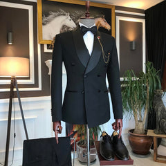 Abner Stylish Black Double Breasted Slim Fit Tailored Men Suit With Shawl Lapel