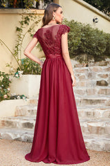 Designer Evening Dresses Wine Red Chiffon Prom Dresses with Lace