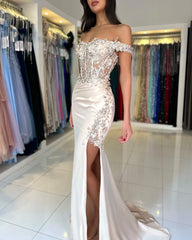 Weiße Abiballkleider Spitze Ballkleider Meerjungfrau Abendkleider Lang BMbridal.de