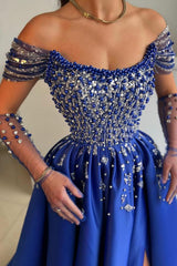 Designer Evening Dresses Long Royal Blue Prom Dresses with Glitter