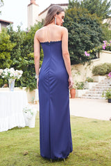 Elegante Abendkleider Lang Navy Blau Abiballkleid Schlicht