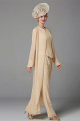 Champagner Brautmutterkleider Lang Chiffon 3 Teiliges Brautmutterkleid Jumpsuit