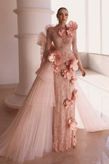 Evening Dress Long Pink Prom Dresses With Sleeves