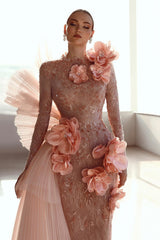 Evening Dress Long Pink Prom Dresses With Sleeves