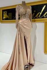 Champagner Ballkleider Lang mit Ärmel Abiballkleider Glitzer