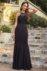 Schwarzes Abendkleid Lang Schlichte Abiballkleider mit Spitze