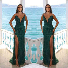 Bmbridal Dark green Ärmellos Prom Dress Meerjungfrau Stil Slit With Sequins Beads