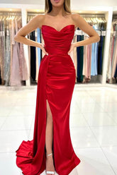Bmbridal Red Trägerloss Prom Dress Meerjungfrau Stil Slit With Pleats