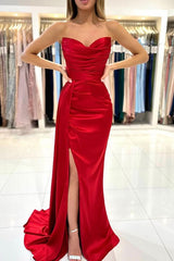 Bmbridal Red Trägerloss Prom Dress Meerjungfrau Stil Slit With Pleats