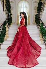 Kaufen Sie Luxus Abendkleider Mit Ärmel online bei Thekleid.de. Spitze Abiballkleider Lang Rot für Sie zum abiball gehen.