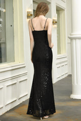 BMbridal Sparkly Black Sequins Späghetti Träger V Ausschnitt Affordable Prom Dress