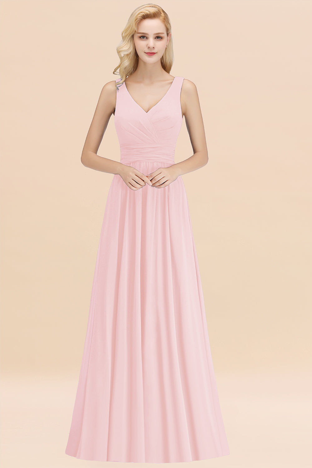 BMbridal Modest Ärmellos V Ausschnitt Long Chiffon Bridesmaid Dress Online with Ruffle