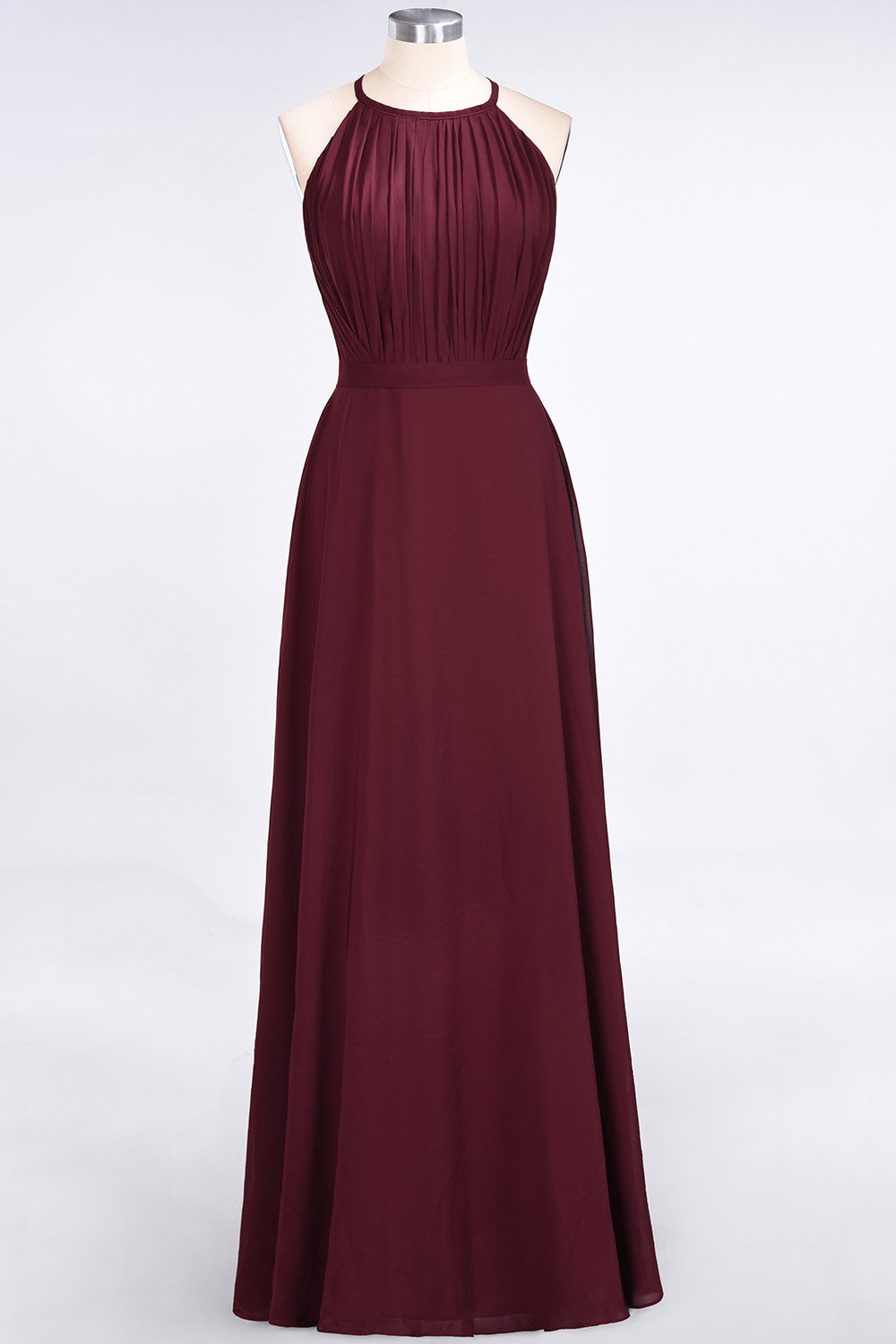 BMbridal Modest Chiffon Jewel Ruffle Burgundy Long Bridesmaid Dresses Online