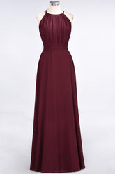 BMbridal Modest Chiffon Jewel Ruffle Burgundy Long Bridesmaid Dresses Online