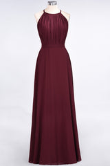 BMbridal Modest Chiffon Jewel Ruffle Burgundy Long Bridesmaid Dresses Online