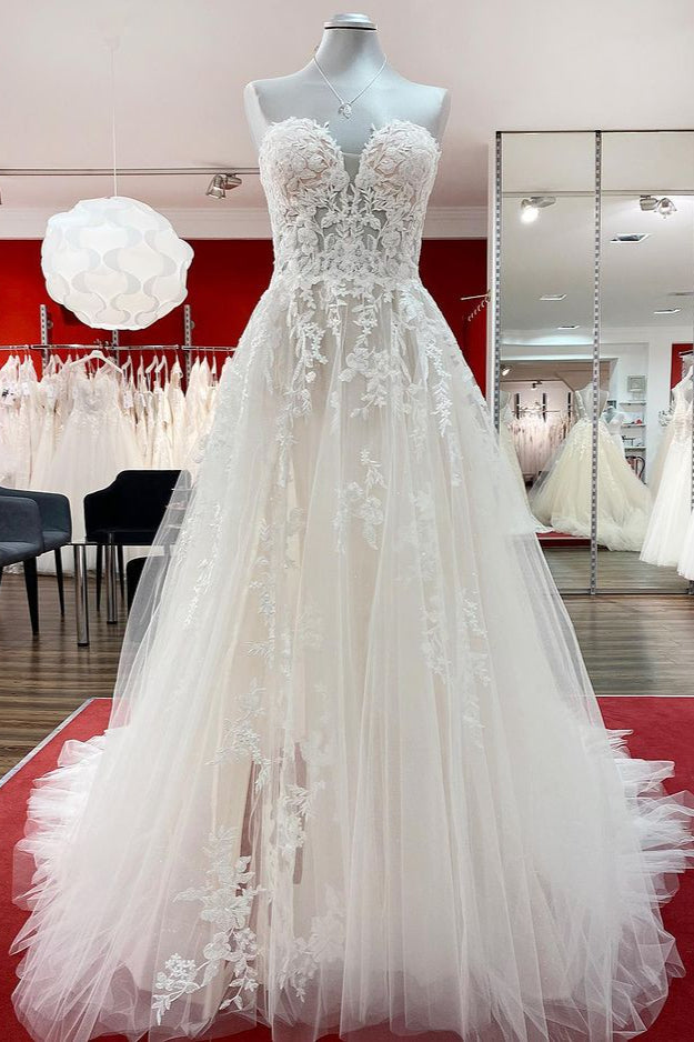BMbridal Trägerloss Rüschen Tüll Spitze Ivory A Linie Hochzeit Dresses