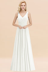 BMbridal Modest Ärmellos V Ausschnitt Long Chiffon Bridesmaid Dress Online with Ruffle