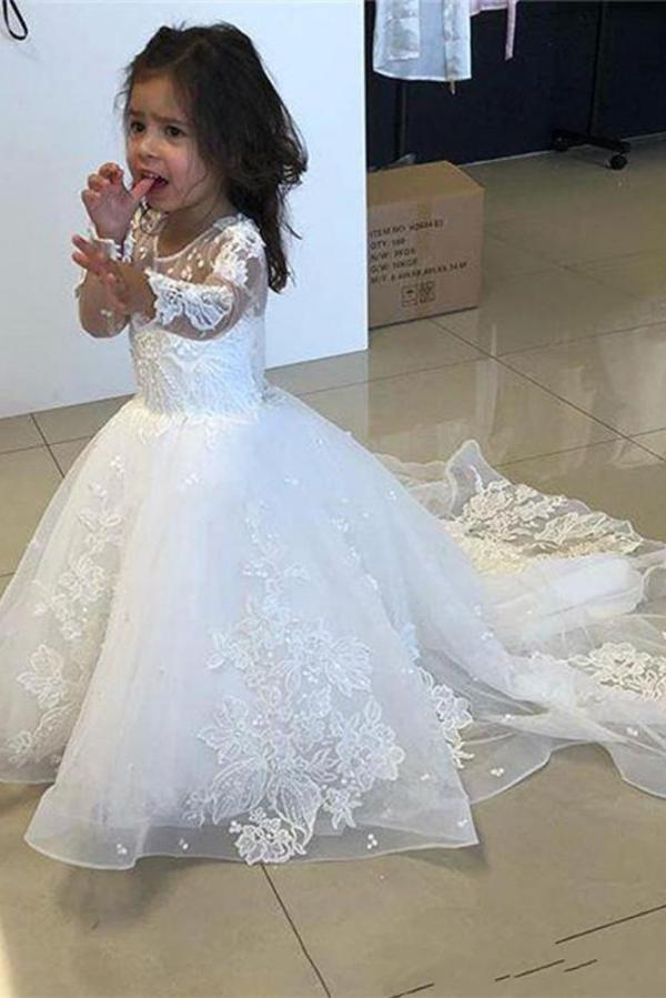 Bestellen Sie Blumenmädchenkleider mit Ärmel bei babyonlinedress.de. Blumenkinderkleider Mit Spitze für sie zur hochzeit gehen.