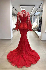 Kaufen Sie Elegante Abendkleider Rot Spitze online bei Thekleid.de. Abiballkleider Lang Mit Ärmel für Sie zum Abiball online.