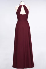 BMbridal Modest Chiffon Jewel Ruffle Burgundy Long Bridesmaid Dresses Online
