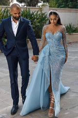 BMbridal Langarm Sky Blue Prom Dresses Meerjungfrau Stil Tüll With Perlens Slit