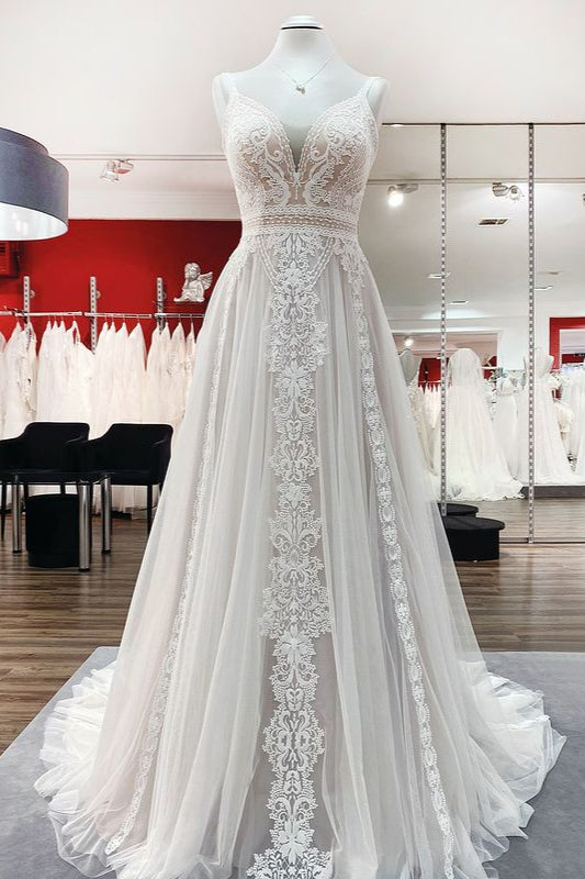 BMbridal Simply Ärmellos White Tüll Spitze Rüschen A Linie Hochzeit Dresses Long