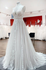 BMbridal Simply Ärmellos White Tüll Spitze Rüschen A Linie Hochzeit Dresses Long