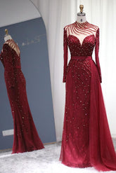 BMbridal Burgundy Langarm Perlens Evening Dress Hochneck Meerjungfrau Stil Party Gowns