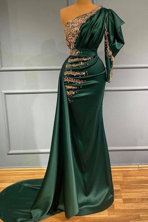 BMbridal Ein Schulter Langarm Dark Green Prom Dress With Perlens