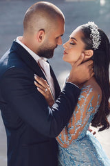 BMbridal Langarm Sky Blue Prom Dresses Meerjungfrau Stil Tüll With Perlens Slit